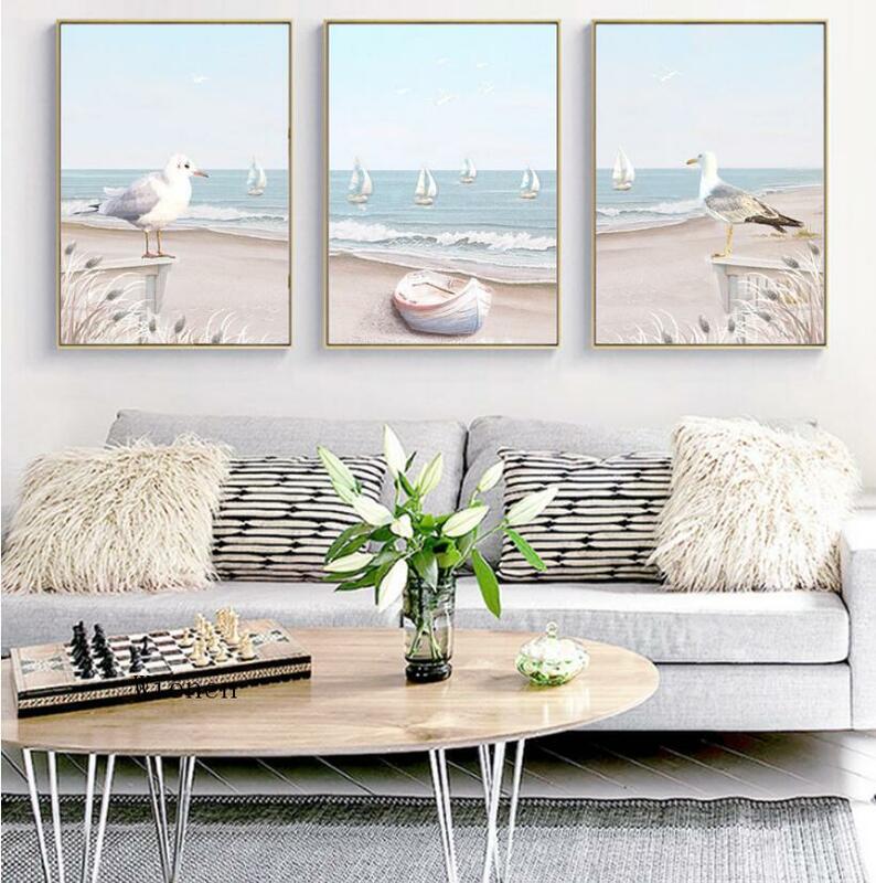 Modern Simple Small Fresh Home Decor Poster Flowers and Birds Mediterranean Landscape Canvas Painting Wall Art Unframed Mural