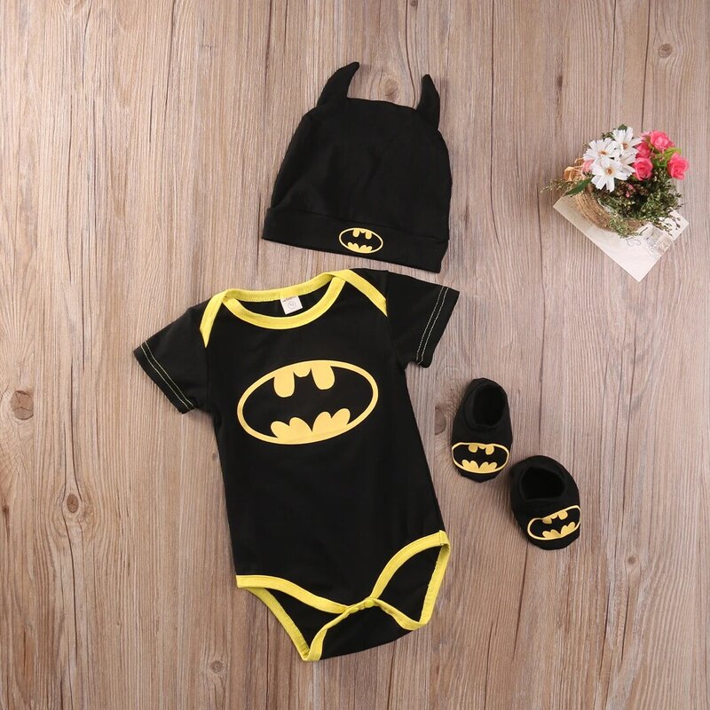 Canrulo Newborn Baby Boy Girl tuta bambini vestiti del bambino Batman pagliaccetti + scarpe + cappello costumi 3 pezzi completi Set