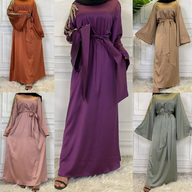 Mulheres Muçulmanas Caftan Abayas Longo, Vestido de Noite, Contas de Cetim, Manto Árabe, Turco, Dubai, Eid Islâmico, Ramadã, Oriente Médio, Moda