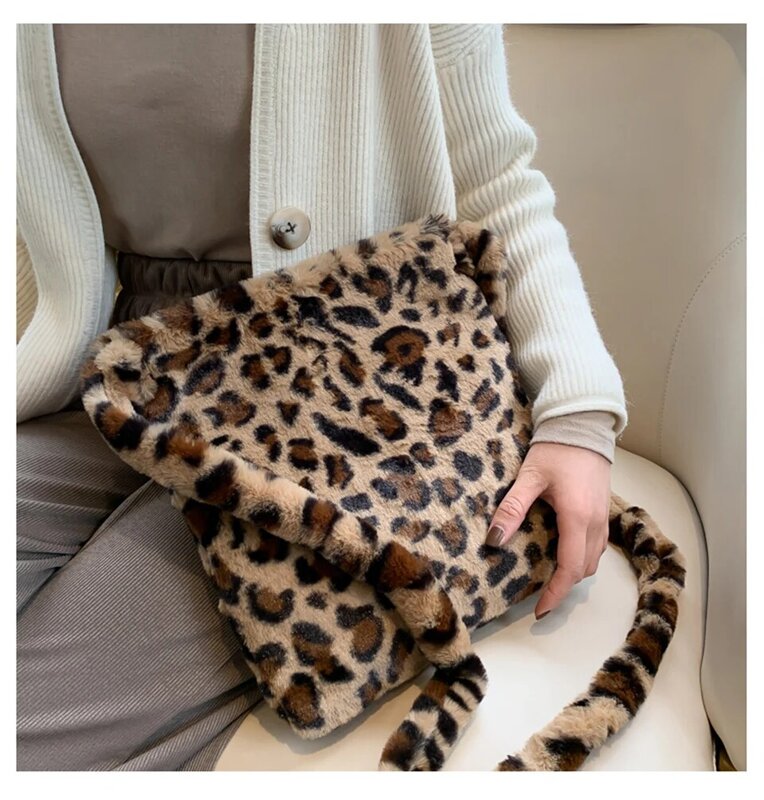 Leopard Print Schulter Frauen Tasche Winter 2020 Weiche Faux Pelz Damen Hand Taschen Casual Flauschigen Crossbody Umhängetasche Bolsa Feminina