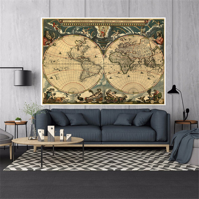 Póster Vintage con mapa del mundo para niños, pintura sobre lienzo, arte de pared, imagen, suministros educativos, decoración del hogar, 84x59cm