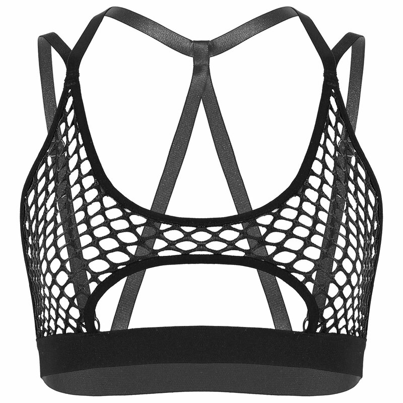 Top de rejilla transparente para mujer, camiseta Sexy de perspectiva ahuecada, camiseta negra erótica, camiseta sin mangas entrecruzada en la espalda, Tops cortos