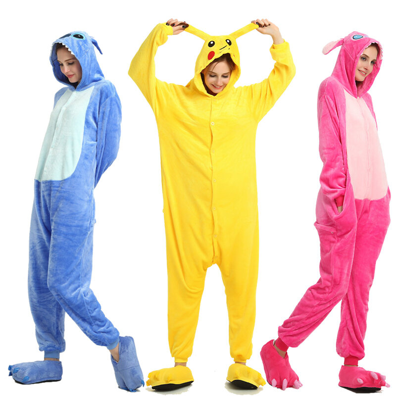 Adult Unicorn Pikachu Onesies Flannel Pajamas Family 2020 New Year Party Halloween Animal Stitch Pijamas