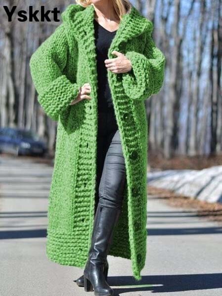 Осенний женский кардиган, вязаный длинный свитер с капюшоном большого размера d, Повседневный свитер с большим рукавом, Свитера зеленого и ж...