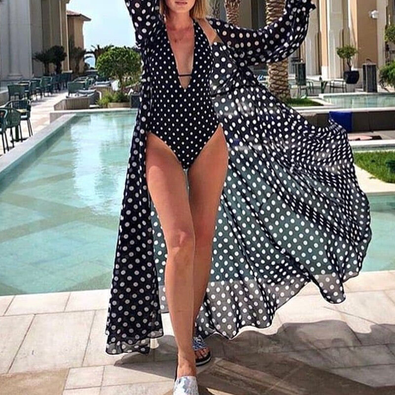 Setelan Wanita Bikini Musim Panas Kardigan Polka Dot Sifon Longgar Jaket Liburan Pantai Lengan Panjang Baju Pelindung Tabir Surya