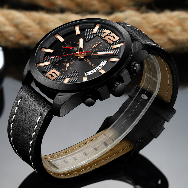 Reloj hombres Crrju watch men fashion sport chronograph watches Military leather band watch for men sport Quartz wrist watch