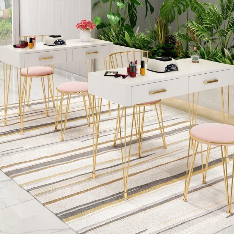 Conjunto de mesa de manicure estilo nórdico, cadeira e mesa de manicure dupla em ouro