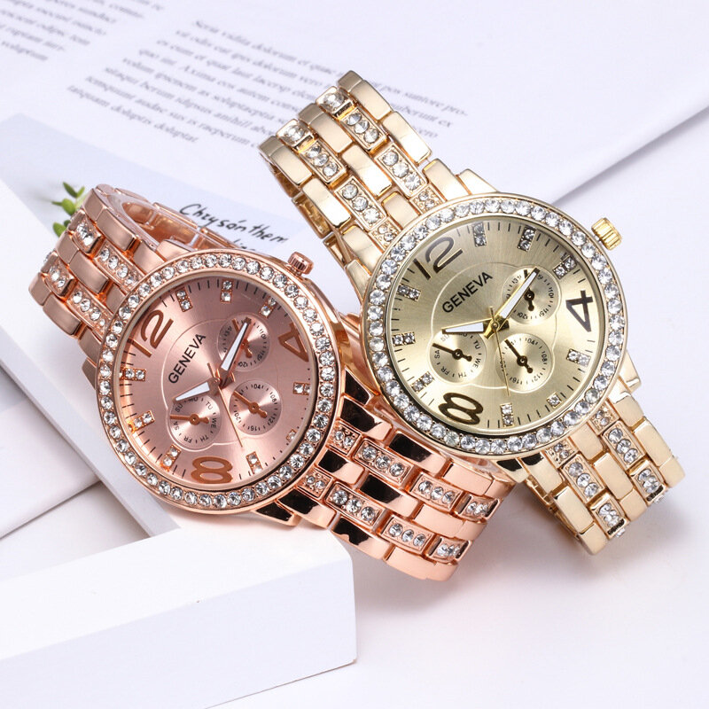 ผู้หญิงหรูหรานาฬิกาข้อมือควอตซ์ทองคำสีกุหลาบเพชร Analog ควอตซ์นาฬิกาแฟชั่นไม่มีนาฬิกาข้อมือ Analog นาฬิกา Zegarek Damski