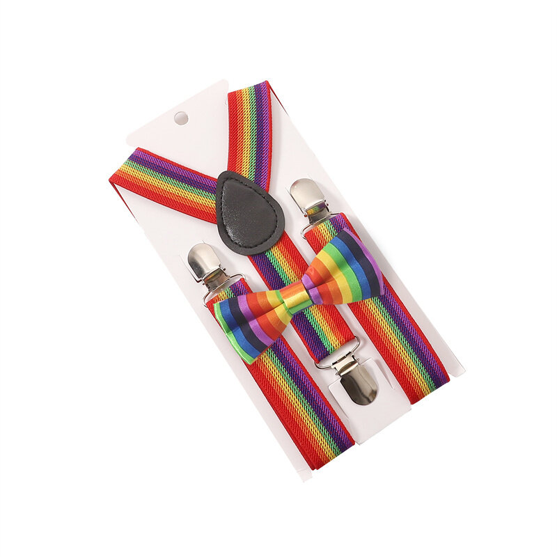 Unisex Clip-on Suspenders Elastic Suspender Seven Color Rainbow Stripe Pattern Elastic Y-back Suspenders