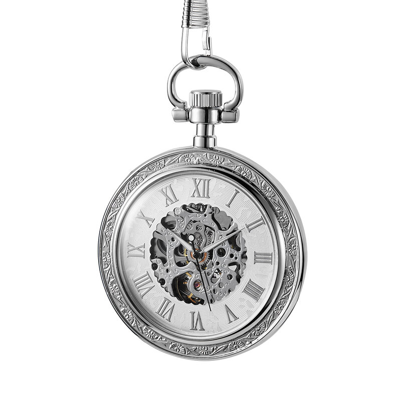 สีดำ Retro Mechanical Hand Wind Antique Pocket Watch ผู้ชายโรมันตัวเลข Skeleton นาฬิกาจี้ของขวัญ Elder