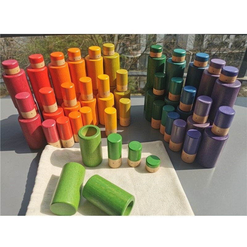 Piezas sueltas de madera de arcoíris para niños, Incluye vasos, tubos sólidos, clavija, muñecas, apilador, bloques, juguete Montessori