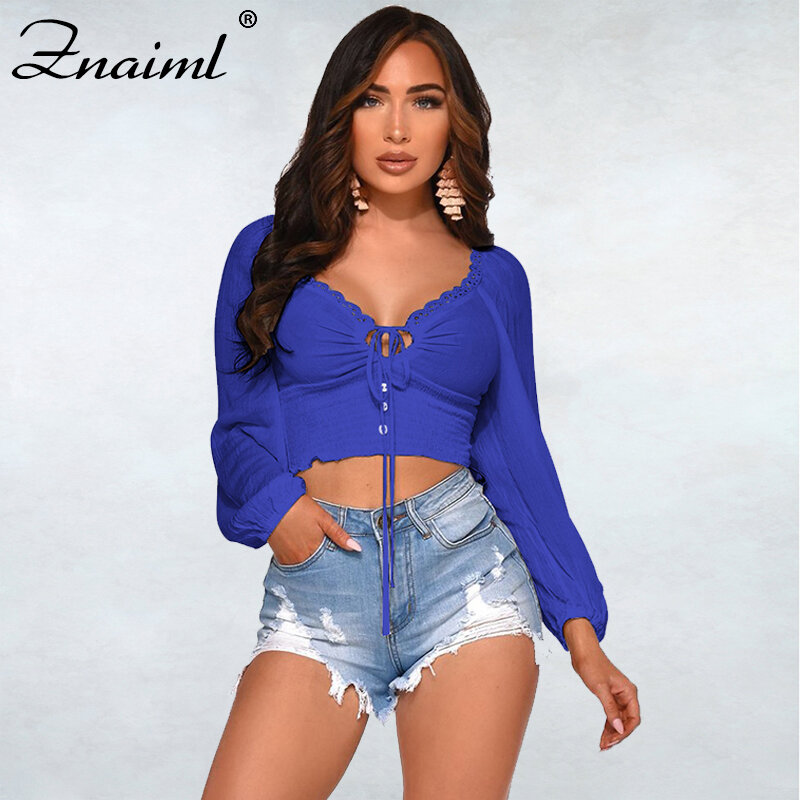 Fashion Elegant Women T-shirt Full Sleeve V-Neck Bowknot Femme Crop Tops Solid Office Ladies Streetwear Outfit Summmer Hot 2020