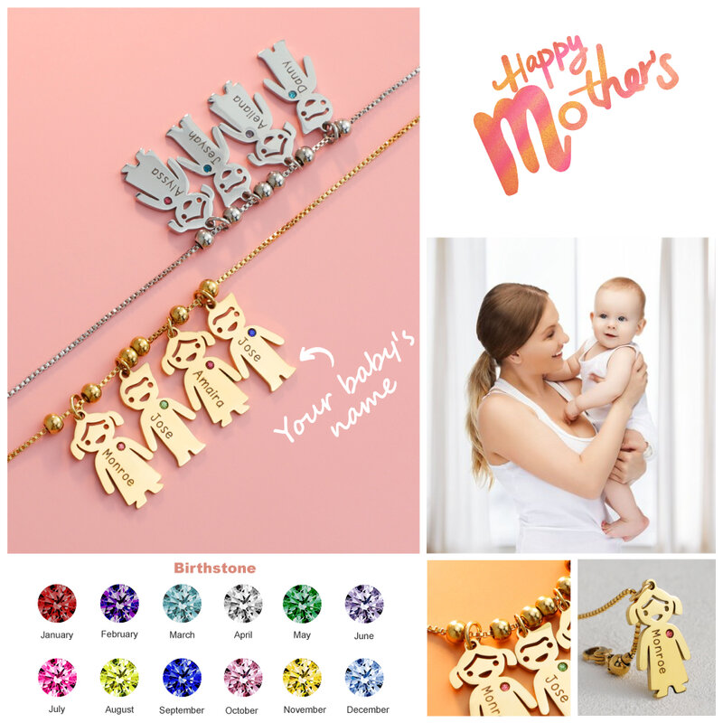 Colar personalizado Birthstone para crianças, joias, nomes personalizados, pingentes bonitos, dia das mães