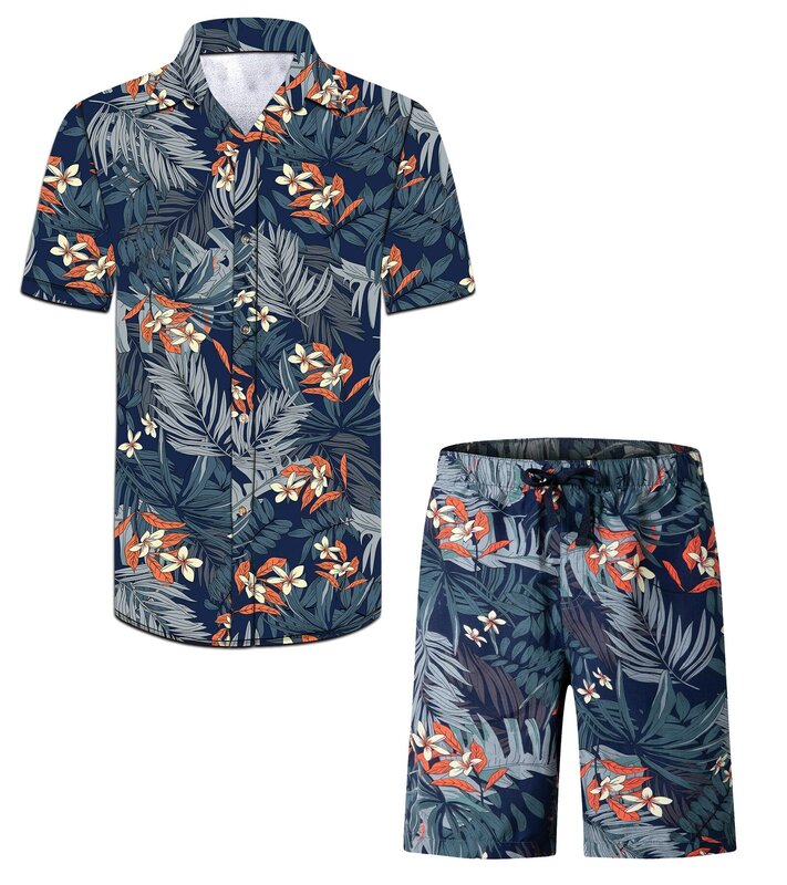 Niestandardowe nowe tanie moda lato plaża styl Plus rozmiar hawajskie koszule i spodenki dla mężczyzn Camping wędkowanie czarny drukuj dwuczęściowy