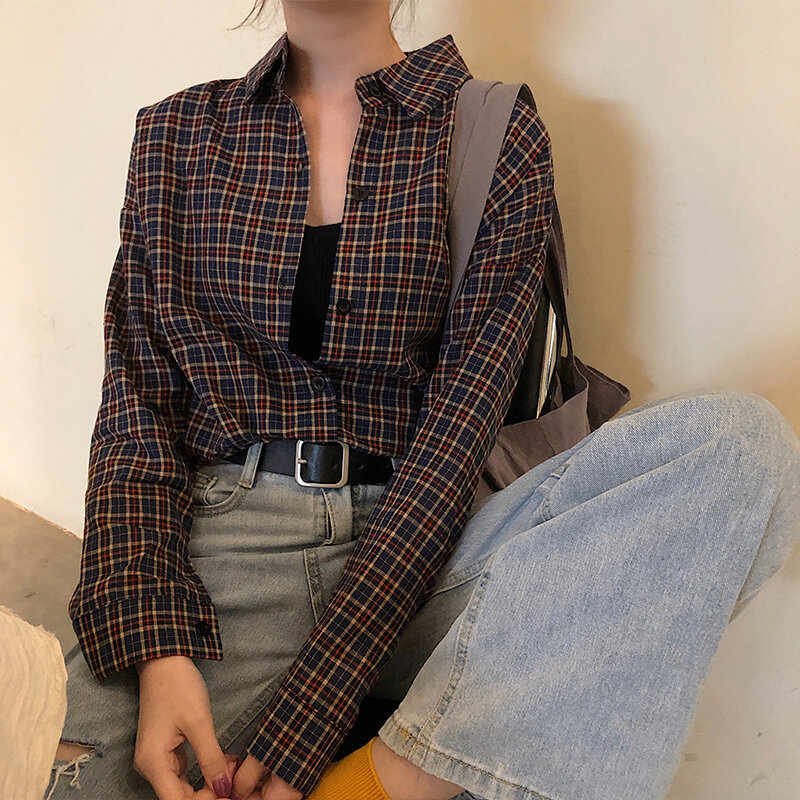 2020 primavera nueva moda Casual solapa de talla grande blusas Mujer camisa a cuadros camisas de Corea Blusa de manga larga femenina