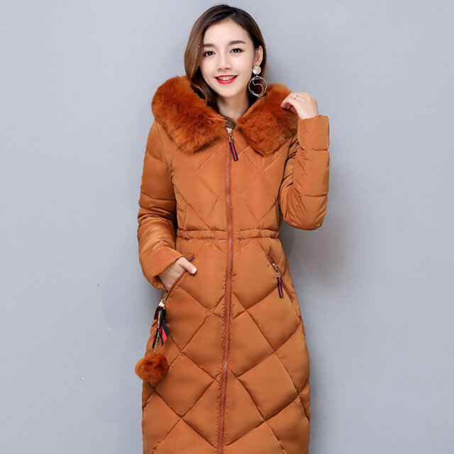 파카 스티치 슬림 롱 다운 면 파카 자켓 및 코트 여성용, 큰 모피, 두꺼운, 겨울, 2019