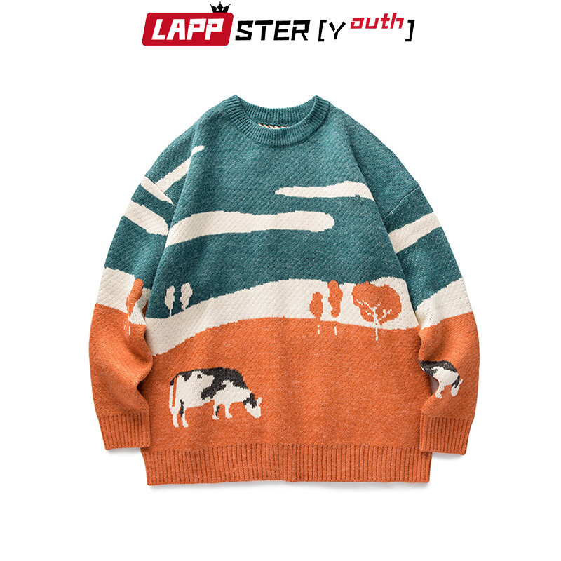 LAPPSTER-Youth Men Cows Vintage Winter Sweaters 2023 Pullover Mens O-Neck Korean Fashions Sweater Women Casual Harajuku Clothes