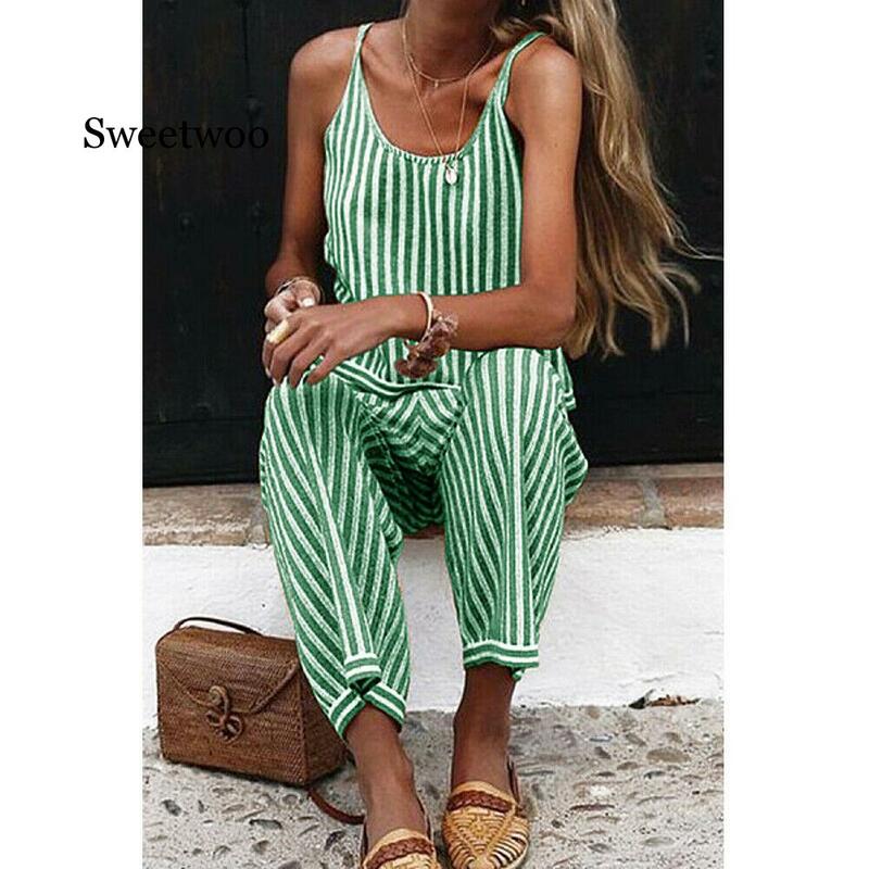 2020 New  Womens Jumpsuit Strap Striped Ladies Summer Clubwear Holiday Beach Wide Leg Holiday Playsui