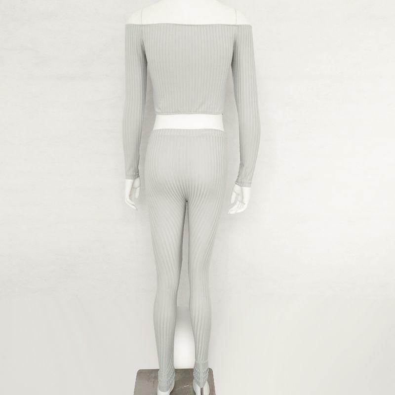 Conjunto de duas peças de algodão feminino, top curto com gola slash para o pescoço e calça lápis, manga comprida, roupas de 2 peças