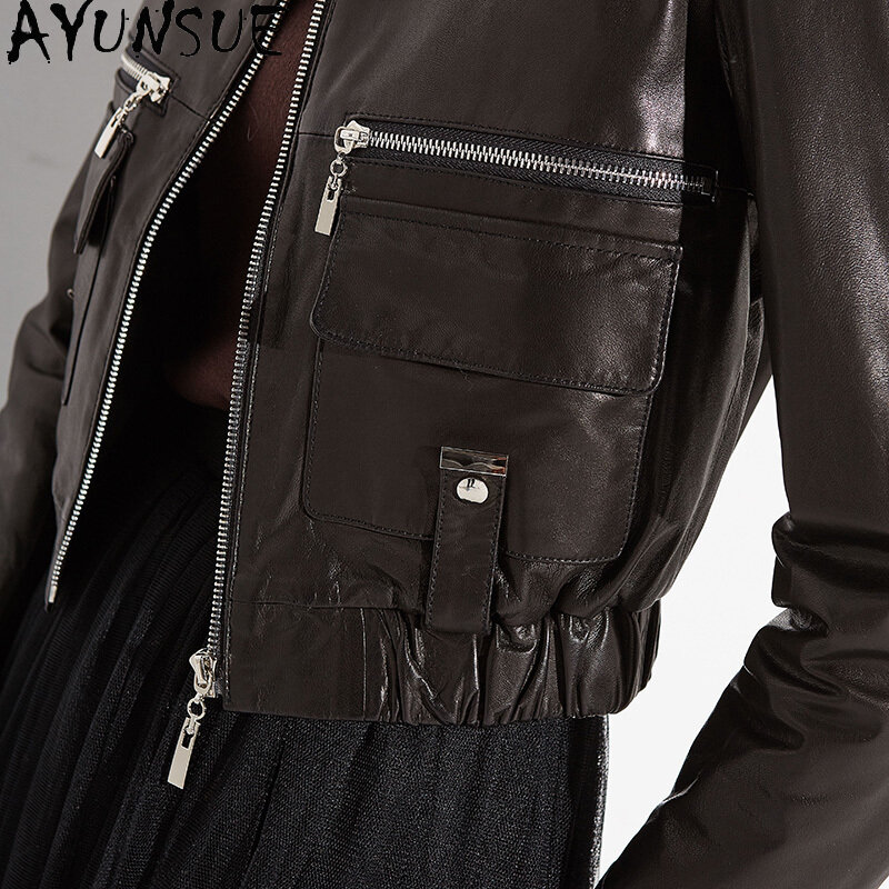 AYUNSUE Alami Wanita Musim Dingin Kulit Domba Mantel Wanita 100% Real Genuine Leather Jaket Motor Jaket dan Jas Y-1913