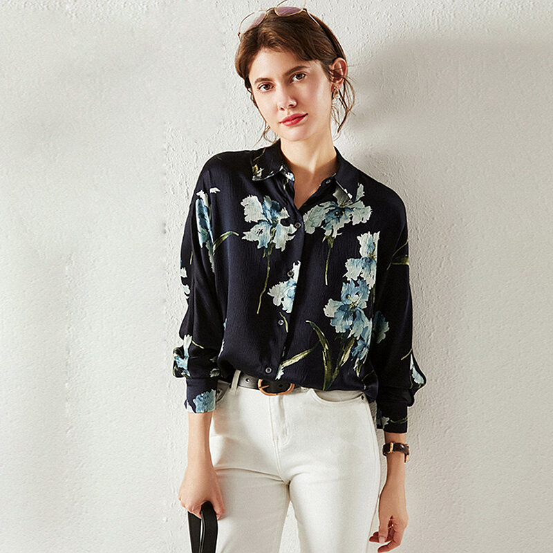 Blusa de seda de alta calidad para mujer, camisa de manga larga con estampado de estilo informal, cuello vuelto, diseño Simple, estilo de oficina, a la moda, 100%