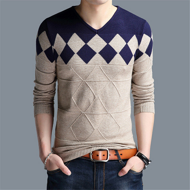 2024 New Men's Sweater Autumn Winter Male Fashion Casual Slim V-neck Wool Pullover Shirt Brand Clothing
