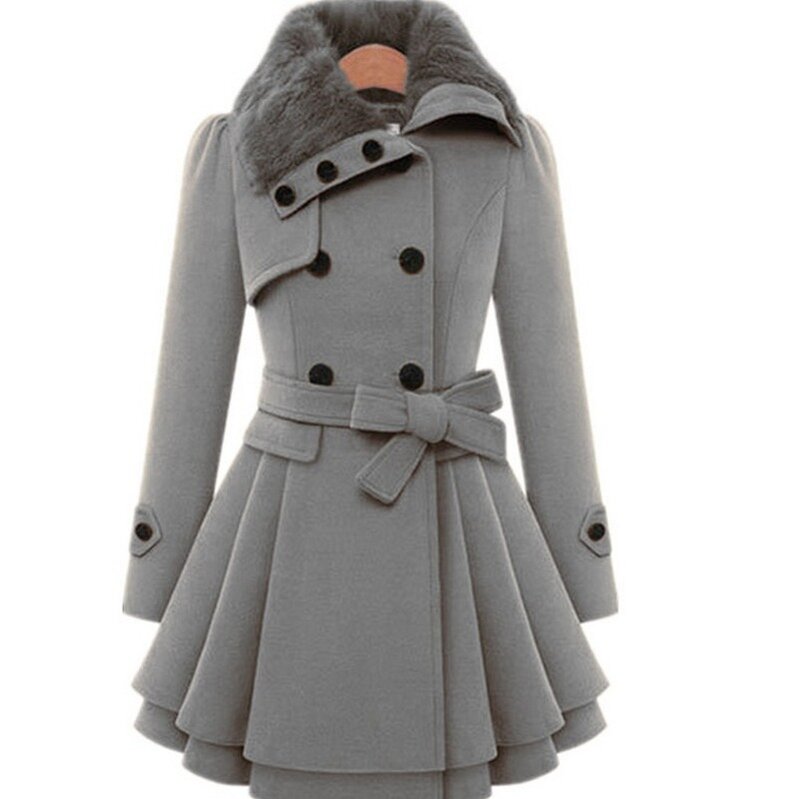Abrigo de lana Vintage para mujer, abrigos de gabardina ceñida con doble hebilla, cuello de piel, prendas de vestir de talla grande para invierno