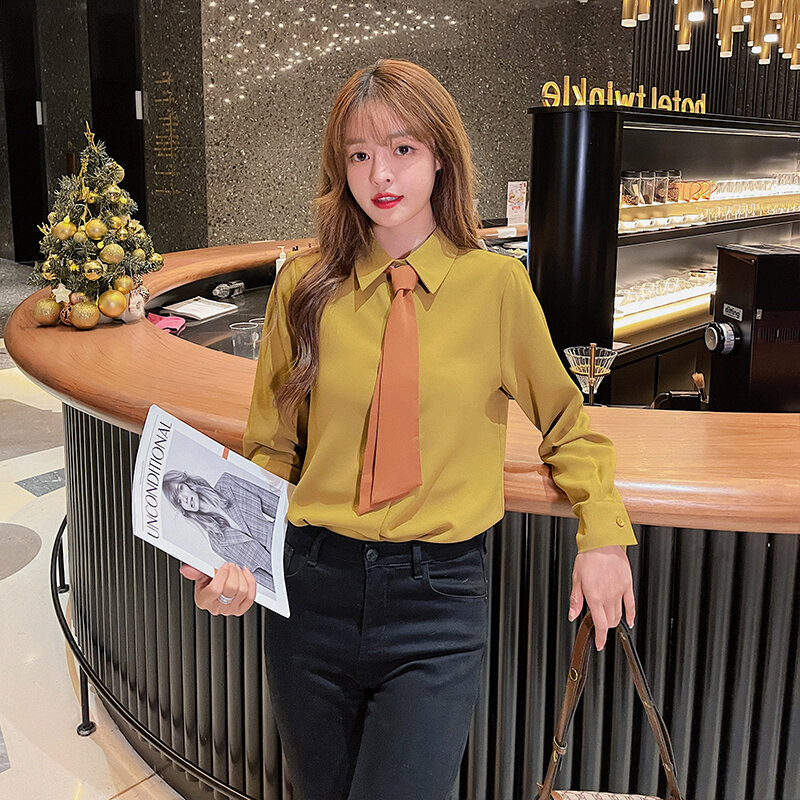 Blouse Women 2021 Spring New Solid Color Shirt French Retro Contrast Color Tie Long Sleeve Shirt Professional Shirt Female Top
