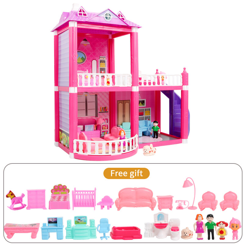 Casa de DIY para muñecas para bebés, juguete rosa, Villa de princesa, Casa de construcción hecha a mano, muebles en miniatura, Casa de muñecas, regalo para niños