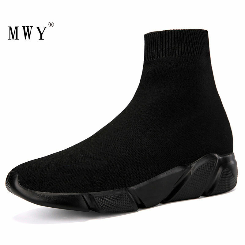 MWY-zapatillas de deporte de caña alta para hombre, zapatos de calcetines tejidos voladores, entrenadores negros, suaves, cómodos, informales, talla grande