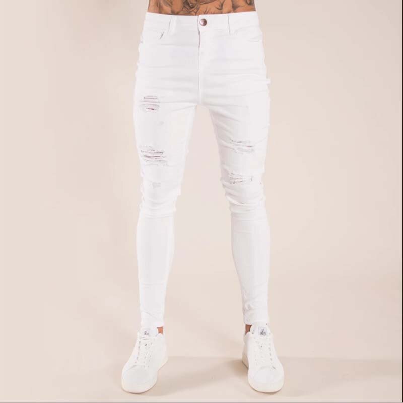 Pantalones vaqueros elásticos para hombre, Jeans pitillo rasgados de Color puro, estilo Hip Hop, Color blanco, para correr, novedad de 2023