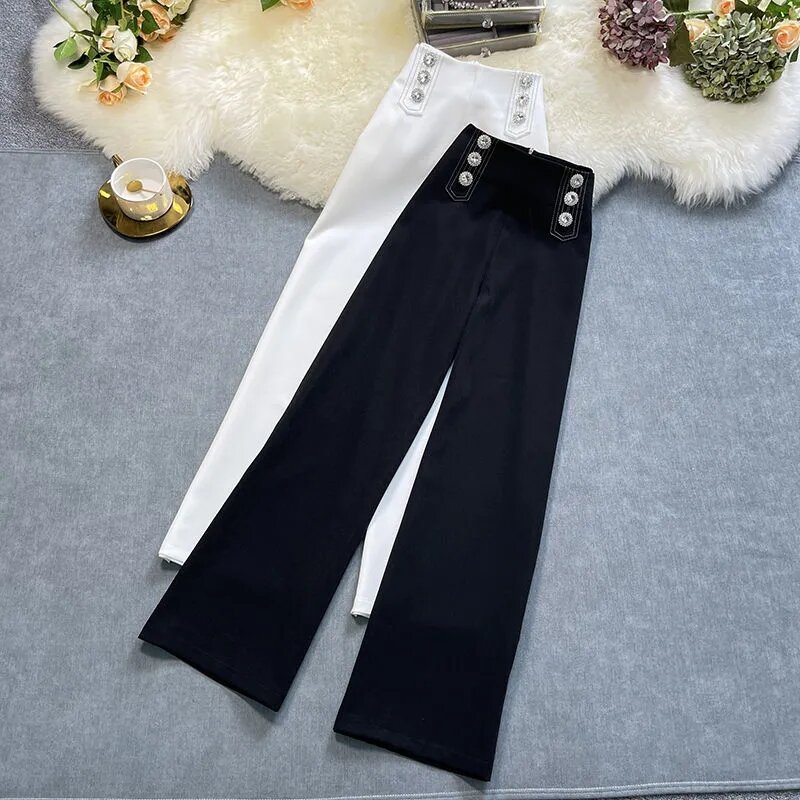 Coreano feminino calças de perna larga cintura alta plus size senhoras sólido preto grosso quente outono inverno nova harajuku longo patalon