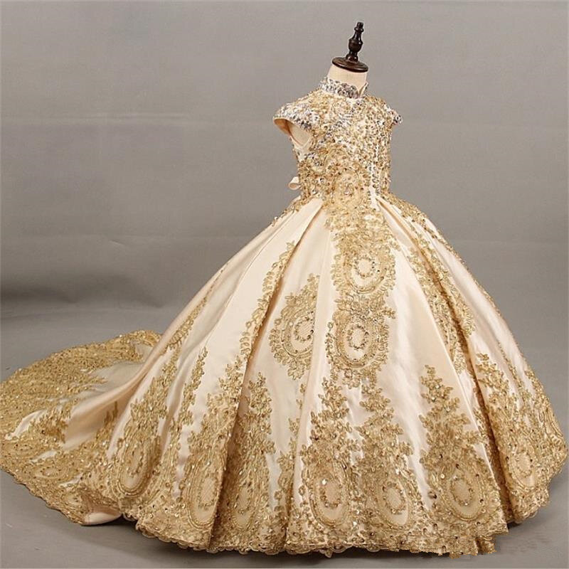 Grânulos dourados vestidos da menina de flor para o casamento elegante vestido de concurso sem mangas apliques de renda sagrada comunhão vestidos para a menina