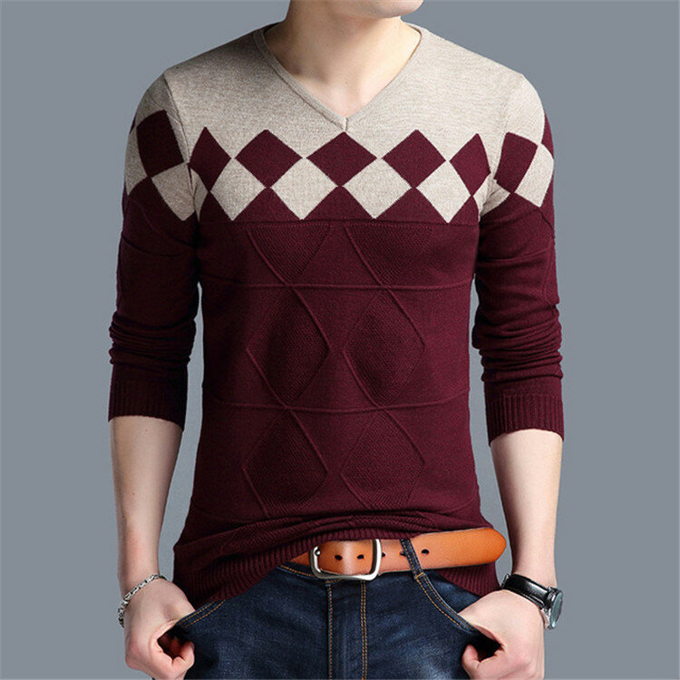 2024 New Men's Sweater Autumn Winter Male Fashion Casual Slim V-neck Wool Pullover Shirt Brand Clothing