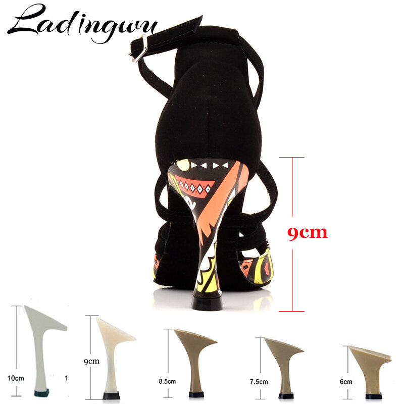 Zapatos de baile latino de Ladingwu para mujer franela negra y naranja con estampado africano zapatos de baile de Salsa sandalias de baile de salón para mujer