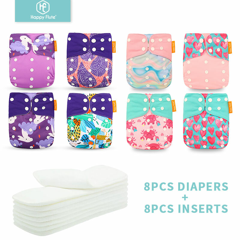 HappyFlute 8 подгузников + 8 вкладышей, детские тканевые подгузники, один размер, Регулируемые моющиеся многоразовые подгузники для маленьких девочек и мальчиков