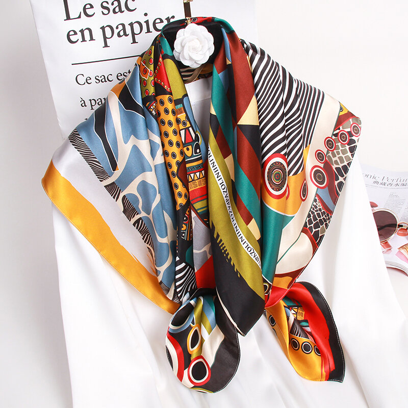 Lenço quadrado de seda pura para mulheres, 100% seda natural, lenço de cabeça cetim estampado, bandana grande, 88x88cm, designer de luxo