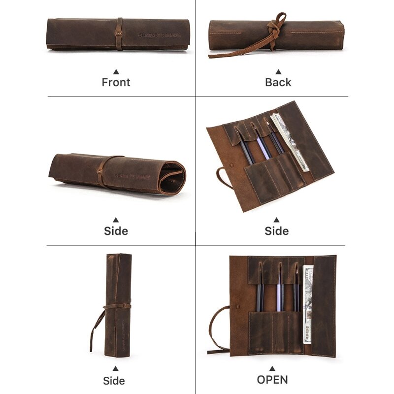 Retro Pencil Case Handmade Genuine Leather Roll Up Pen Curtain Bag Pouch Wrap Holder Stationery Supplies