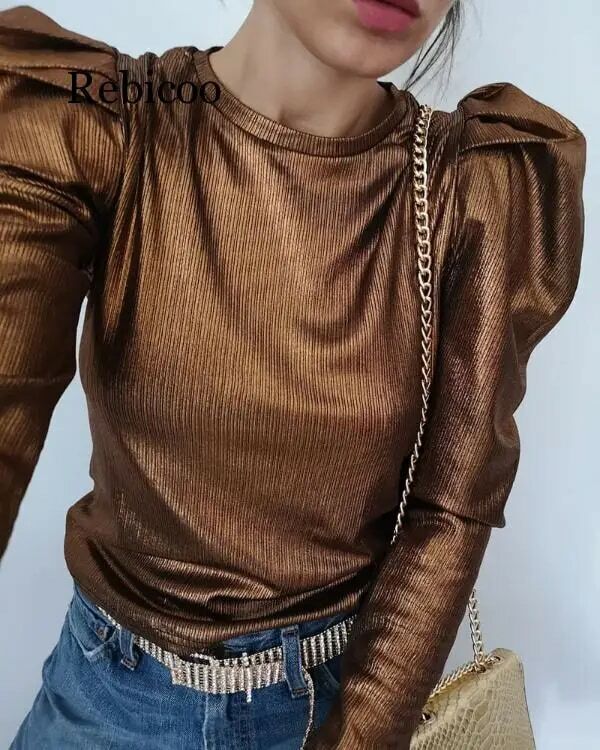 Серебряная пышная блуза с длинным рукавом Повседневная Женская Весенняя узкий пуловер с круглым вырезом топы Модные женские бархатные рубашки блузки Уличная одежда