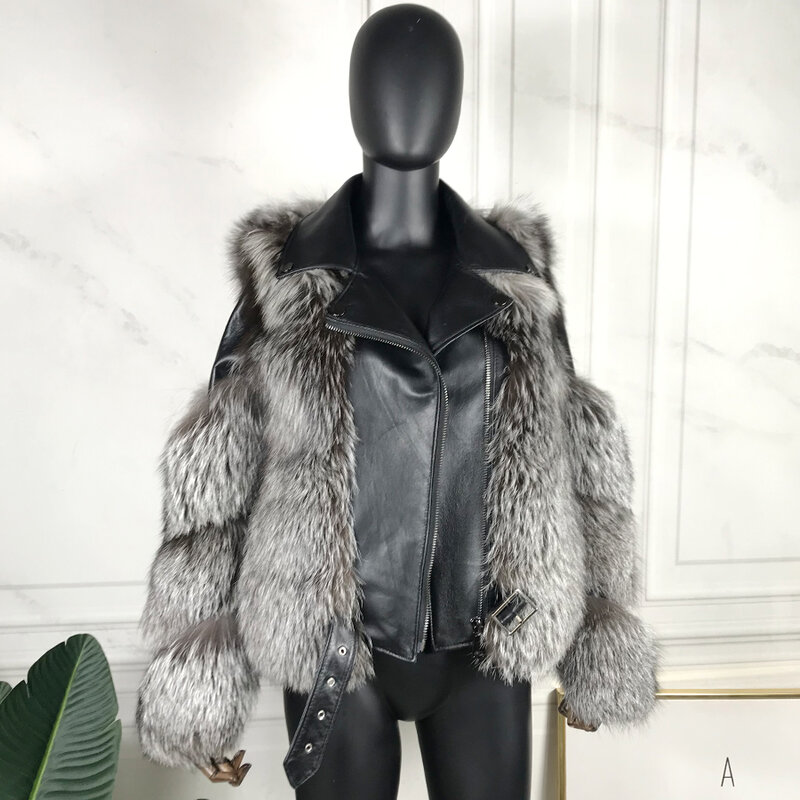 Jaket Bulu Alami Mantel Bulu Rubah Perak Asli Kerah Kulit Domba Luaran Bulu Tebal Hangat Musim Dingin untuk Wanita Kualitas Tinggi