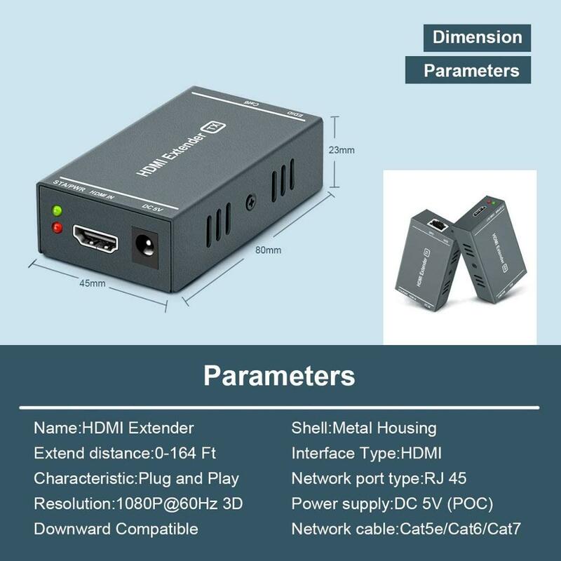 HDMI 익스텐더, 164 Ft 풀 HD 비압축 전송, 단일 이더넷 Cat5e/Cat6/Cat7,3D 및 EDID 및 POC 지원을 통해 최대 1080P @ 60Hz