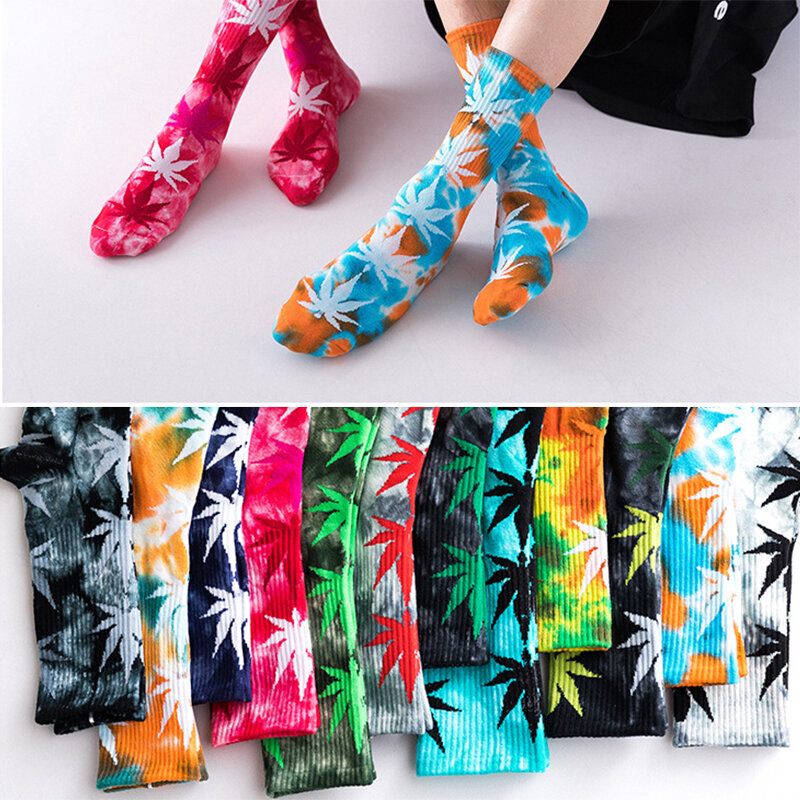 2023 primavera e verão tie-dye maple folha de cânhamo casal meias na moda europeu e americano estilo rua harajuku tubo meias