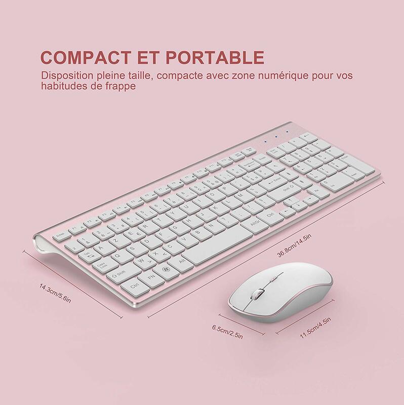 Wireless Keyboard  Mouse,French full-size design“AZERTY”French layout，Compatible with iMac Mac PC Laptop Tablet Computer .Pink