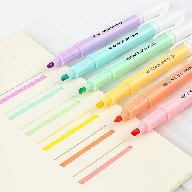 6 Pcs/Set Double Head Fluorescent Highlighter Pen Markers Pastel Drawing Pen for Student School Office Supplies Cute Stationery