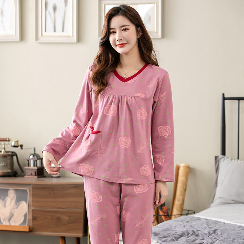 Chándal informal de manga larga para Mujer, conjunto de Pijamas con cuello en V, ropa de dormir de talla grande 4XL, camisón elegante con flores rosas, otoño