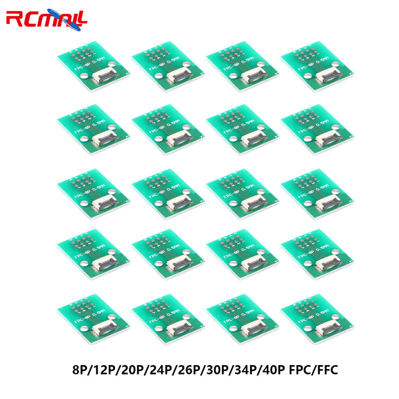 RCmall-Placa de transferencia de alambre de fila Flexible, 20 piezas, 8P/12P/20P/24P/26P/30P/34P/40P FPC/FFC, soldada con asiento espaciado de 0,5mm