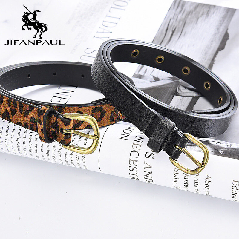 JIFANPAUL cuero genuino señoras de moda diseño elegante Cinturón fino de alta calidad a juego vaqueros de estudiante cinturón de hebilla con aguja de aleación