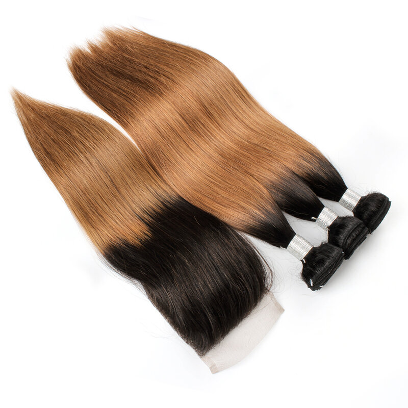 Kissshair – tissage de cheveux naturels indiens, avec closure, blond miel, auburn moyen, racines foncées, Swiss lace, T1B27 T1B30, 4*4