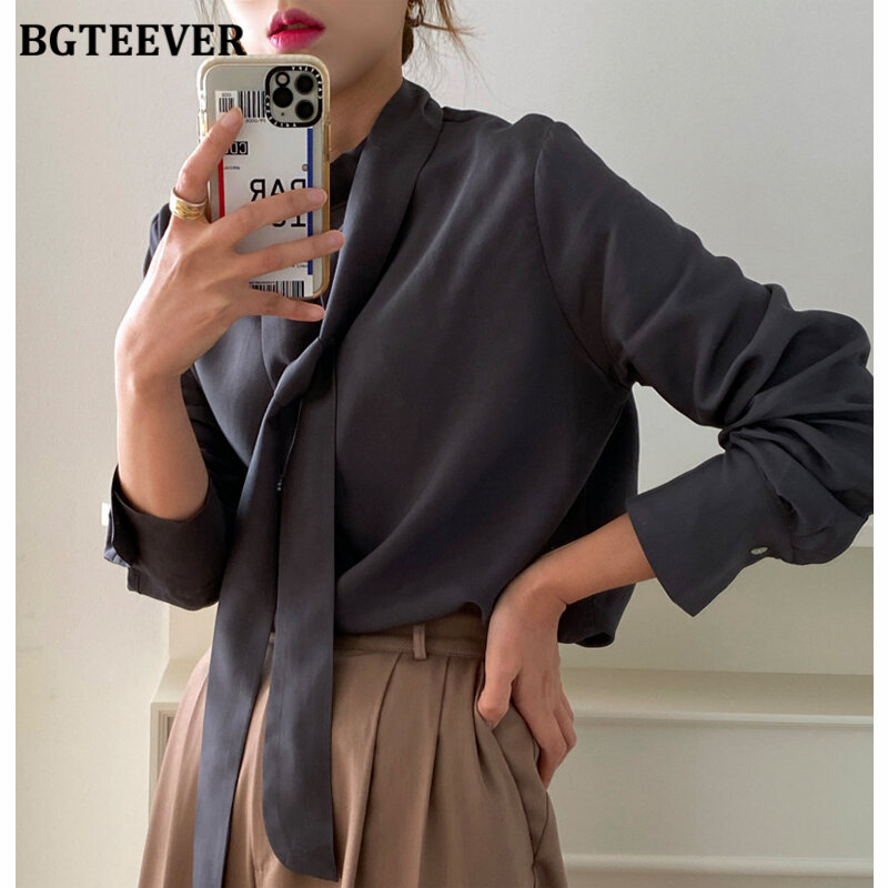 Элегантная рабочая одежда BGTEEVER, женская рубашка с бантом на шее, блузки 2021, весенние офисные женские свободные блузы с длинным рукавом, топы для женщин