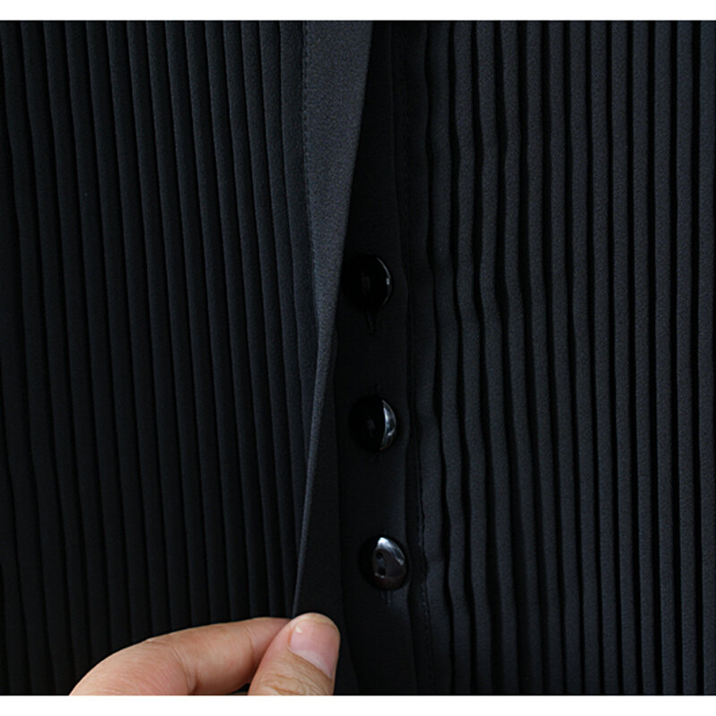 Blusa feminina frente plissada de chiffon, bodysuit manga comprida, escritório senhoras camisas com calcinha, monocromática, preto, bege, alta qualidade